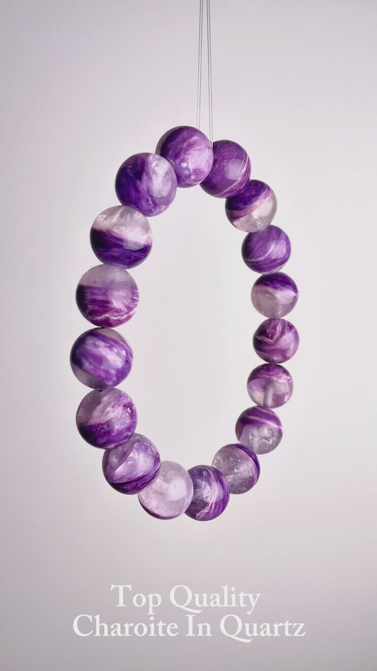 Rare Siberian Charoite In Quartz Bracelet - Half Quartz Half Purple Charoite